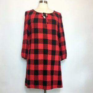 Madewell Signal Plaid Tunic Mini Dress Black Red Long Sleeve Sz Med Keyhole Neck